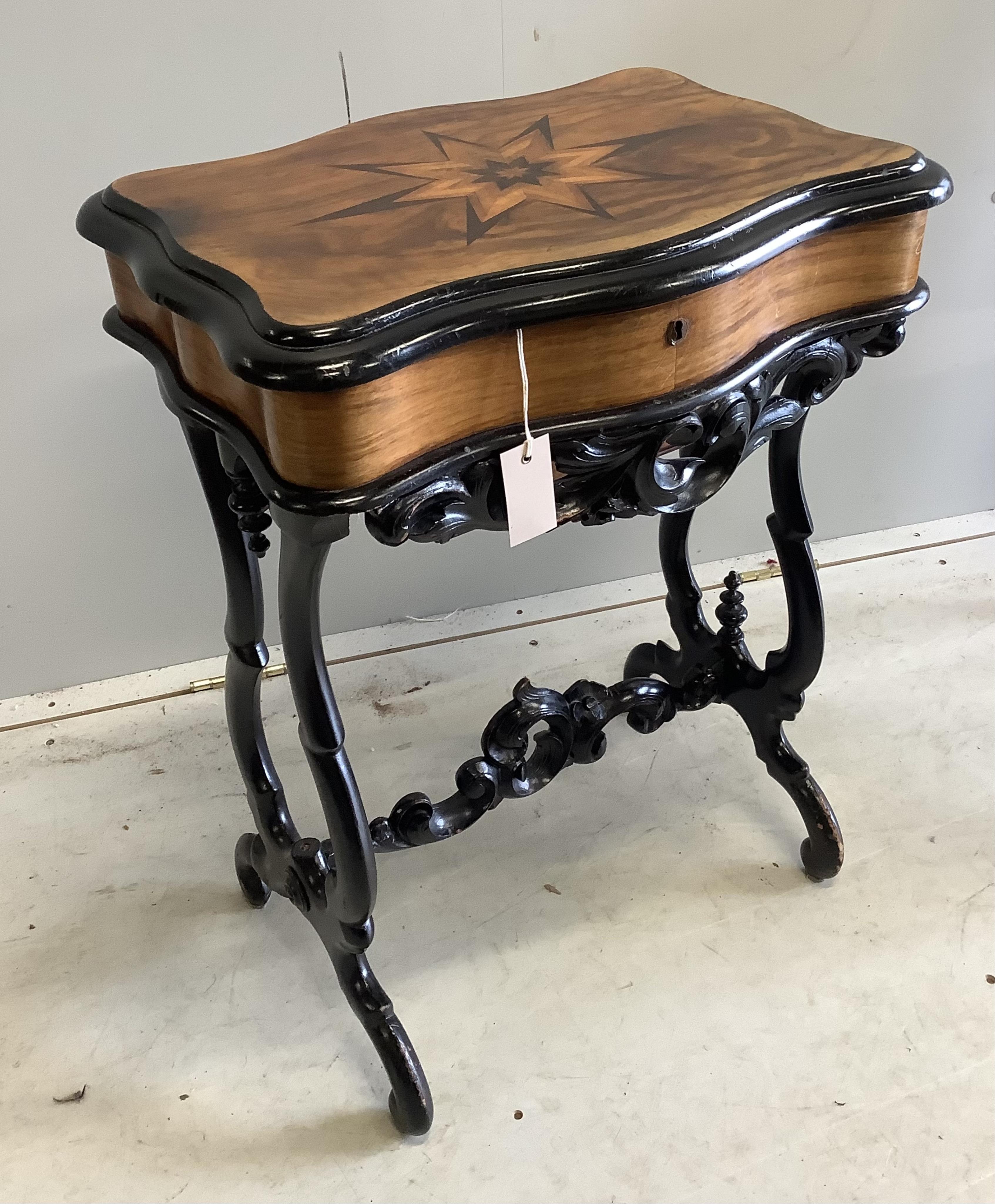 A 19th century French parquetry inlaid ebonsied walnut work table, width 53cm, depth 39cm, height 71cm together with a French walnut side chair. Condition - fair to good